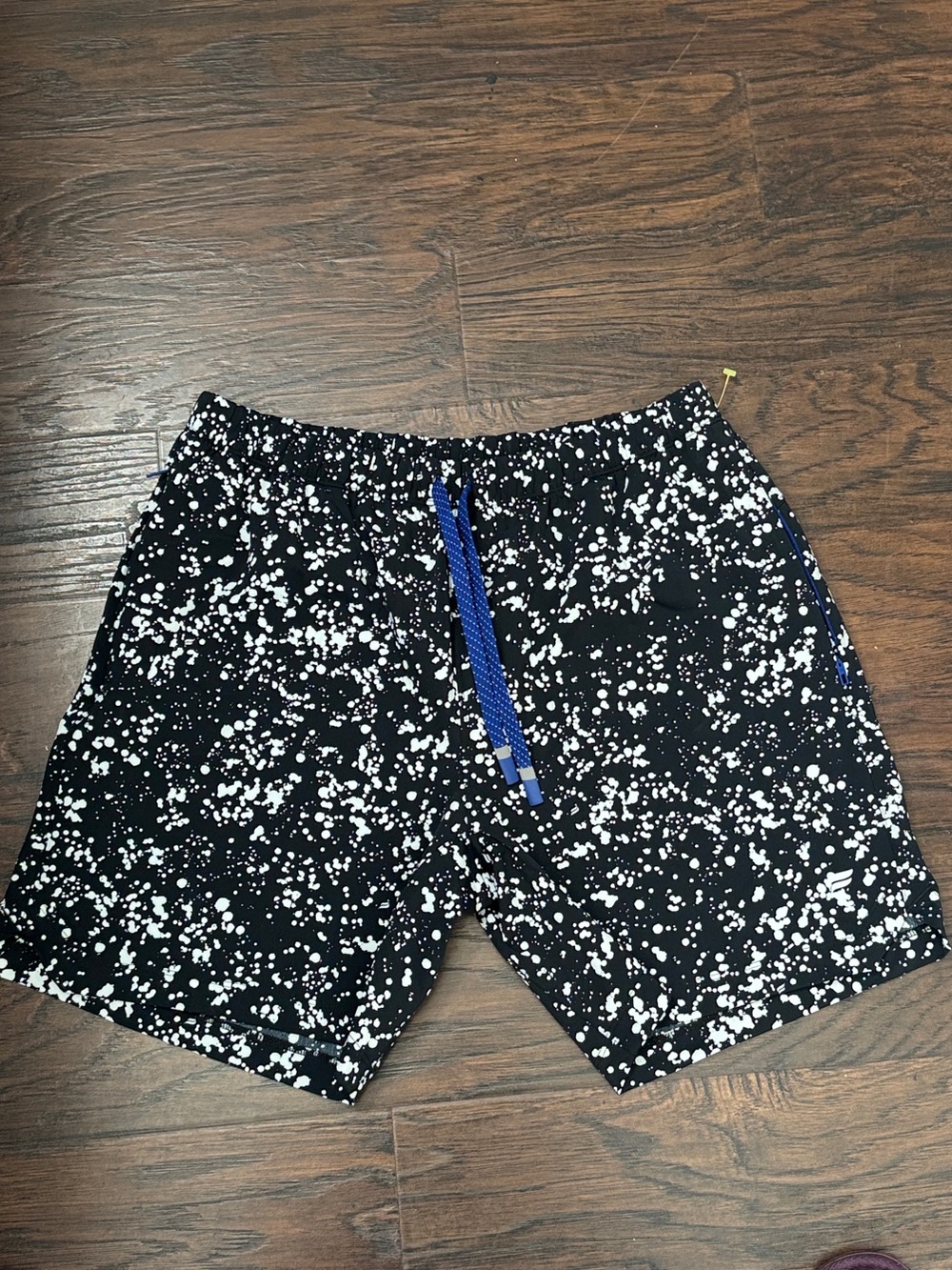 Fabletics Black & White Splatter Athletic Shorts with Blue Drawcord